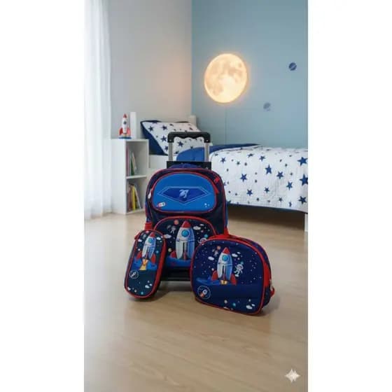 Kit Mochila Infantil Foguete Lancheira Termica E Estojo Azul Foguete