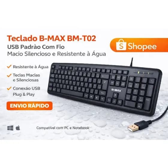 Teclado USB com Fio B-MAX BM-T02 | Silencioso | Resistente à Água | ABNT2 | Plug & Play
