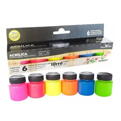 Conjunto 6 Cores Tinta Acrílica Neon Fluorescente 10ml Acrilex