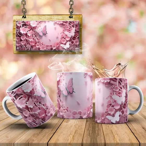 Caneca Borboletas Rosa 325 ml Porcelana
