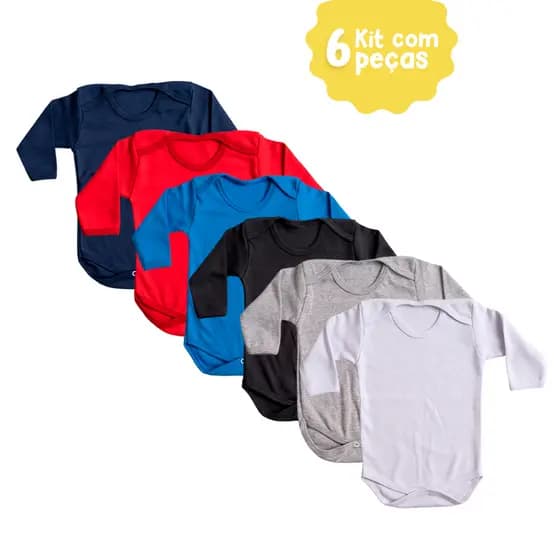 KIT 6 PEÇAS BODY BEBÊ MANGA LONGA SUEDINE 100% ALGODÃO