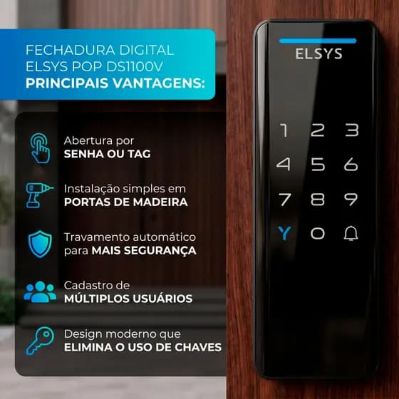 Fechadura Digital Sobrepor DS1100V Touch Senha Tag RFID para Porta de Madeira Metal PVC