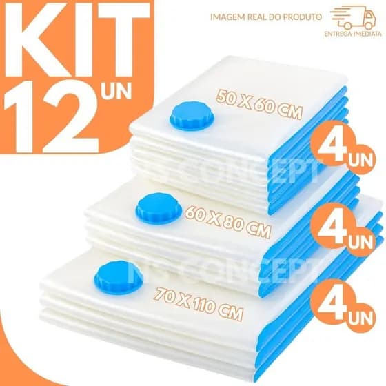 Kit 12 Sacos a Vácuo – 4un 40x60cm + 4un 60x80cm + 4un 70x100cm Reutilizáveis Organizador de Roupas Cobertores Edredons