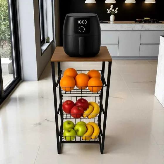 Fruteira de chão 3 cestos deslizante preto amadeirado resistente