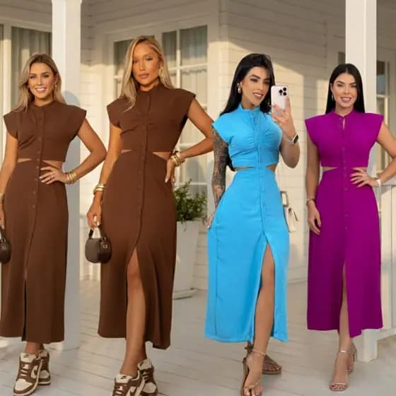 Vestido Midi Cut Out Com Botões Funcionais Forrado Sem Bojo Casual Elegante Do Tênis Ao Salto Casual Elegante Confortáve