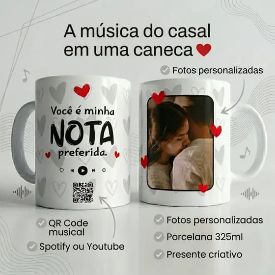 Caneca Personalizada com Foto + QR Code Spotify/YouTube Presente para Casal, Namorado e Namorada Caneca Porcelana
