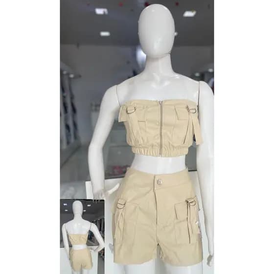 Conjunto Sarja Cropped e Short com Bolsos Laterais