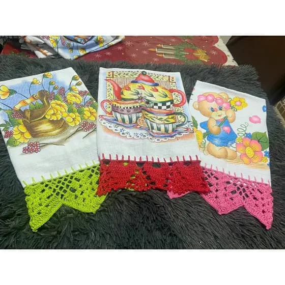 panos de prato com crochê kit com 3 panos