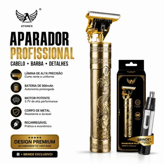 Kit Máquina de Cortar Cabelo Dragão Aparador de Barba Masculino Sem Fio USB + Aparador de Pelos Nariz