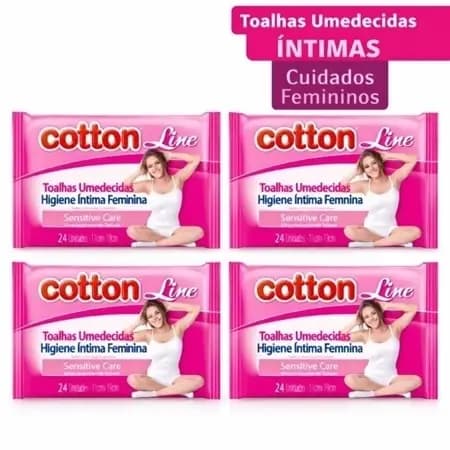 Kit 4 Toalhas Umedecidas Íntimas Cotton Line 24un Sensitive Care Higiene Feminina Lenço