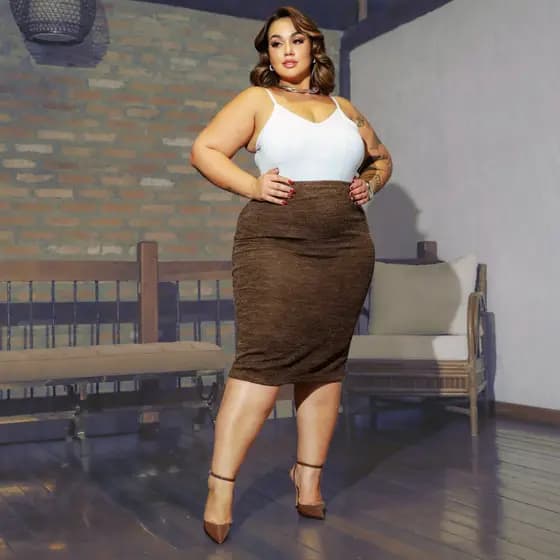 Saia Secretária Ribana Canelada Midi Plus Size Elegância e Conforto para o Trabalho ou Fim de Semana