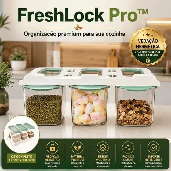 FreshLock Pro™ Kit 3 Potes Herméticos Com Tampa e Suporte Organizador Cozinha Premium