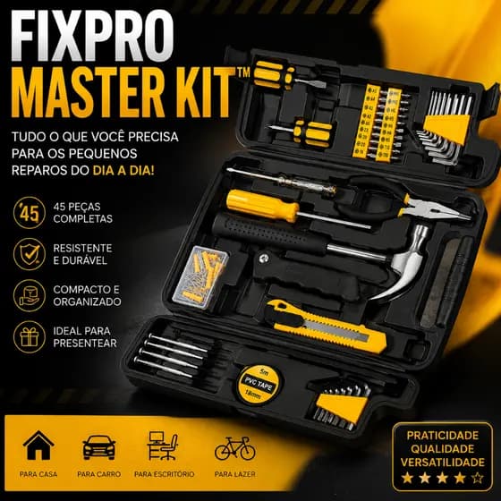Kit Ferramentas 200 Peças Completo com Maleta Organizadora Alicate Martelo Bits Chaves Allen FixPro™