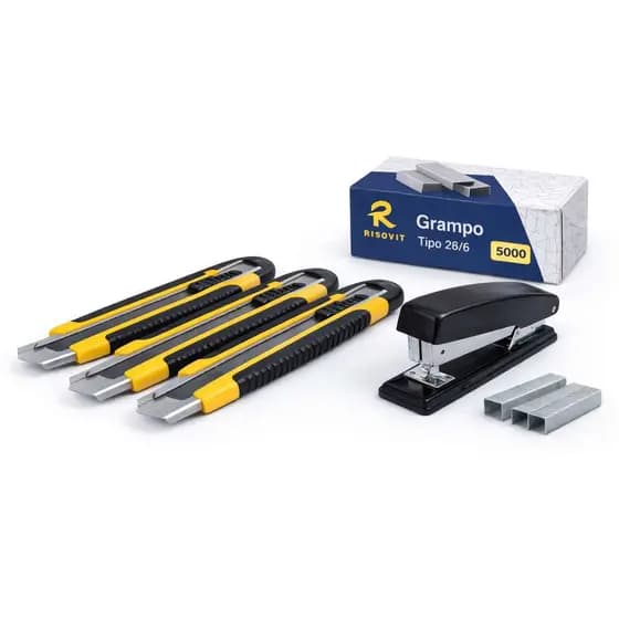 Kit Escritório 5 Peças 3 Estiletes Cabo Emborrachado Lamina18mm, 1 Grampeador Para Grampear 20 Folhas,5000 Grampos 26/6