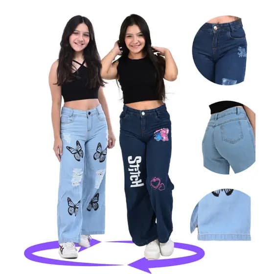 Kit 2 Calças Wide Leg Jeans Infantil Juvenil Meninas Com Desenho