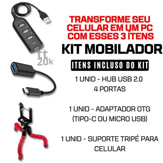 KIT Mobilador de Celular HUB Usb 4 Portas Ultra Rapido + OTG Micro Usb Ou Tipo C + Tripé