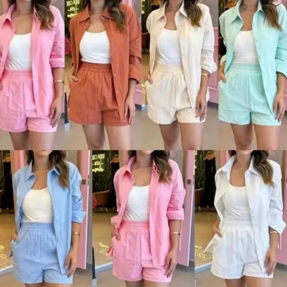 Conjunto Feminino de 2 Peças Shorts E Camisa Linho Com Elastico 788
