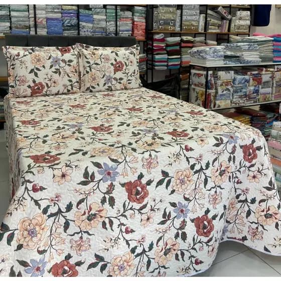 Kit Colcha Cobre Leito Estampada e lisa Dupla Face 3 Peças Matelado Tamanho Queen 2,40 x 2,60m