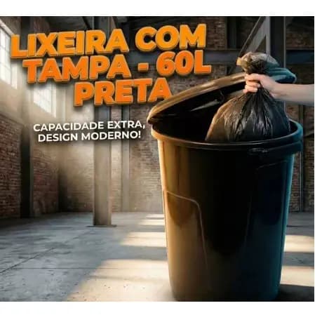 Lixeira Residencial 60 Litros Com Tampa Preta Durável E Funcional
