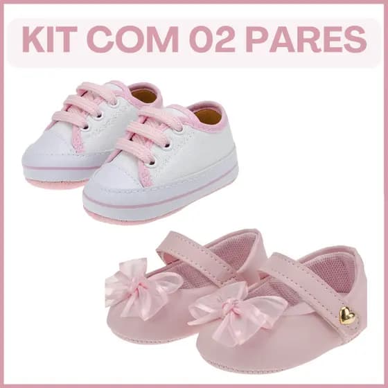 Sapatinho Bebê Menina Rosa Kit com 02 Pares uso Formal e Diário Super Macia e Confortável
