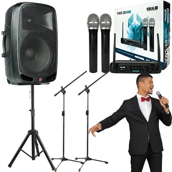 Kit Caixa De Som Amplificada Ps1501 Bluetooth + Microfone Sem Fio Vokal Vws20 + Pedestal Microfone Tps
