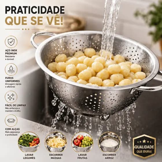 Escorredor Inox Arroz Macarrão Legumes Frutas Batatas Peneira Multiuso Cozinha Eficiente Resistente