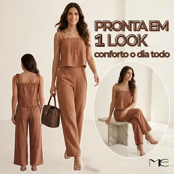 Conjunto Feminino Calça e Blusa Soltinho Confortável Com Bolso Duna Linho