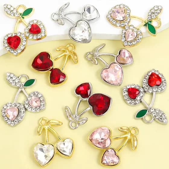10 Peças De Strass De Cristal Embutidos 5 Estilos De Amuletos De Cereja , Pingentes Delicados De Frutas De Verão Para Co