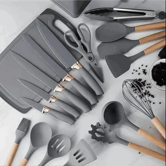 Conjunto de Utensílios de Cozinha 19 Peças Silicone Cabo de Madeira Kit Completo com Facas Tábua e Suporte