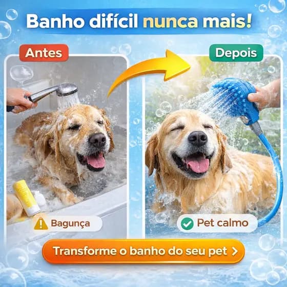 Mangueira Banho Pet com Escova Silicone 2,20m Massageadora Controle de Água Cachorro Gato