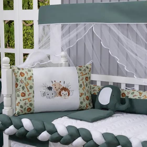 Kit Para Berço Coleção Paris 10 Peças Safari Verde com Almofada Decorativa Menino Americano Moderno