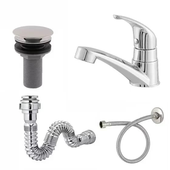 Combo Torneira Mono Up Cromada Lavatório + Engate 40cm + Sifão Cromado + Válvula Clic ABS – Kit Completo Banheiro