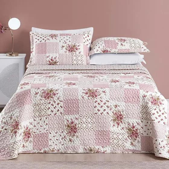 Colcha Cobre Leito Dupla Face Estampada Florais 03 Pçs