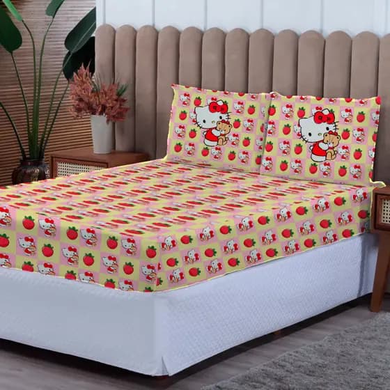 Kit lençol Casal Hello Kitty Cute Morango 3 peças - Casal Solteiro Queen - kit lençol