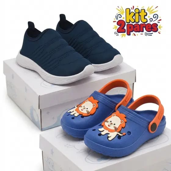 Kit Tênis Infantil Menino Slip On + Babuche Infantil Calce Fácil Macio e Confortável