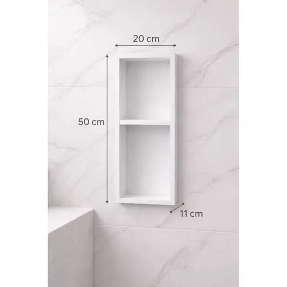 Nicho Banheiro em Porcelanato Mod Branco Polido 50x20x11 com Prateleira Central Em Porcelanato