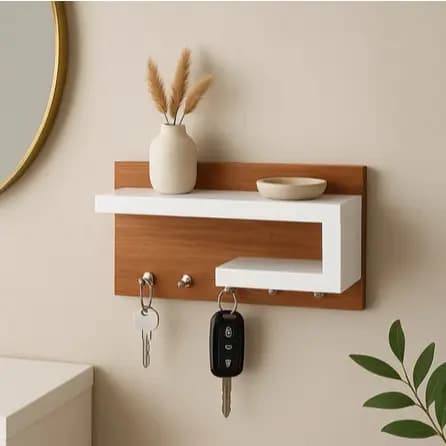 Porta-Chaves de Parede com Prateleira Decorativa em MDF 25x13x8,5 cm – Design Moderno Amadeirado e Branco