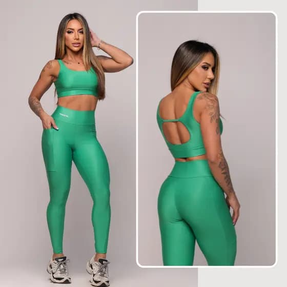 Conjunto Feminino Academia Fitness Legging Com Bolso Cintura Alta Zero Transparência Alta Compressão