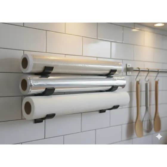 Suporte Organizador Triplo para Papel Alumínio, Papel Manteiga e Filme PVC – Porta Rolos de Cozinha de Parede ou Bancada