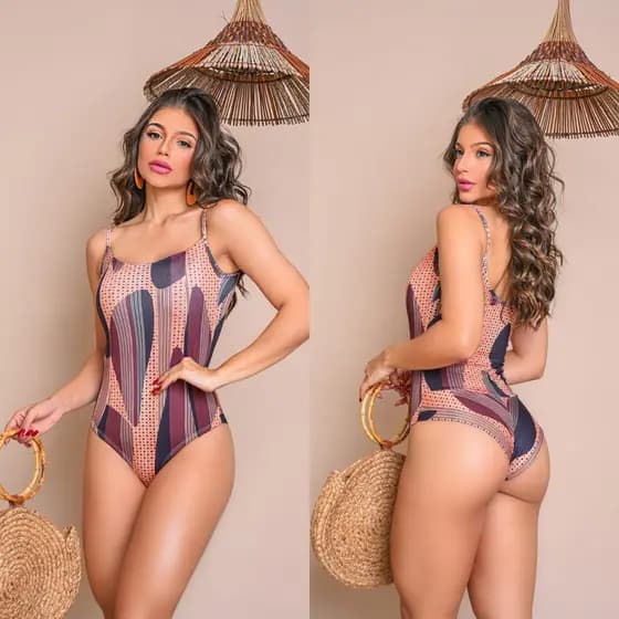 Body Maiô Feminino Alça Estampado e Liso Com Bojo Calcinha Fio Duplo