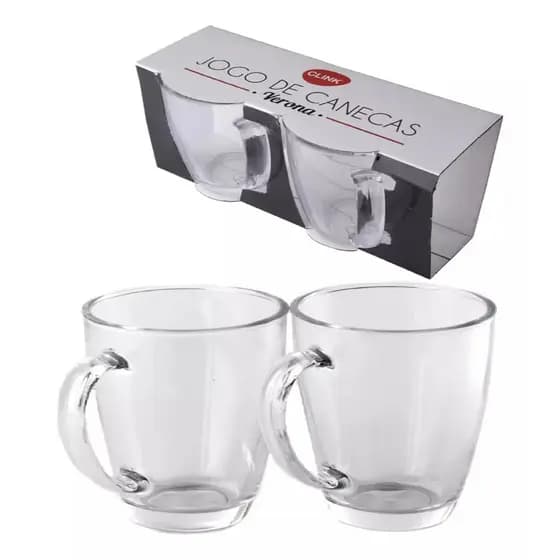 Kit 2 Canecas Transparentes de Vidro 350ml Jogo de Xicaras Verona Café Chá e Chocolate