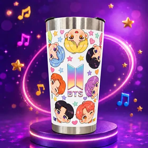 Copo Térmico BTS 473ml Personalizado com Nome | Estampa DTF UV Resinada + Gravação a Laser com Tampa e Abridor
