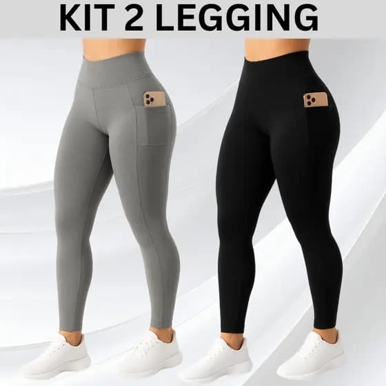 KIT 2 Calça Legging Feminino com Bolso lateral Feminina Suplex Cós Largo Academia Fitness Crossfit Verão 2026