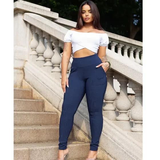 Calça Legging Montaria Gorgurão Azul Marinho Com Bolsos Tecido Canelado Grosso Tendencia Do P ao G3