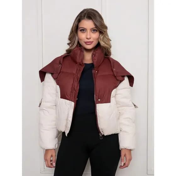 Jaqueta Feminina Puffer Gola Alta e Sobreposição Removível Com Zíper e Botões Bolsos Laterais Cropped - YUL6000