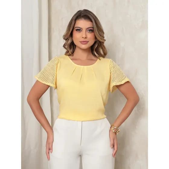 Blusa Feminina Viscose Toque Linho Manga Curta Renda Leve Elegante Casual Confortável Fluido
