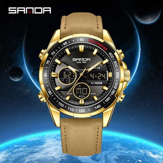 SANDA 6281 Relógio Masculino À Prova D'água Empresarial Com Display Duplo E Alarme Luminoso De Pulso Eletrônico-48