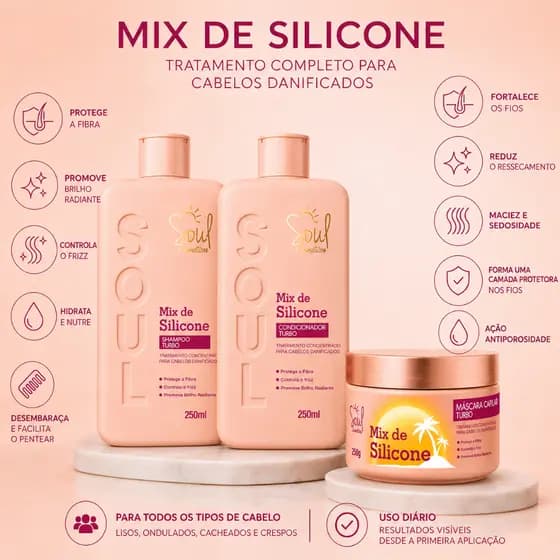 KIT CAPILAR MIX DE SILICONE 3 ITENS CONTROLE DE FRIZZ, E BRILHO INTENSO, SHAPOO, CONDICIONADOR E MASCARA 250 ML