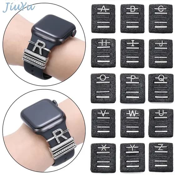 Para Pulseira De Smartwatch Relógio Smart Watch Band Carta De Diamante A-Z Ornamento Metal Encantos Anel Decorativo