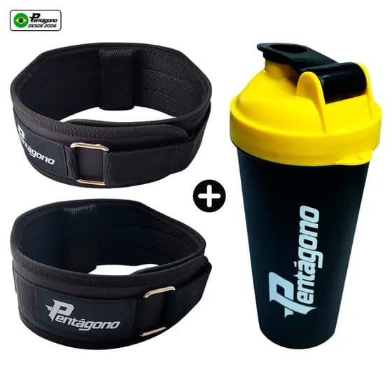 Kit Cinturão Musculação Agachamento TIGER - Tamanho Ajustável - Serve do PP ao GG + 01 COQUETELEIRA Pentágono